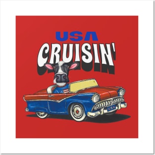 Humor and Funny cute Cow driving a classic car through the USA Posters and Art